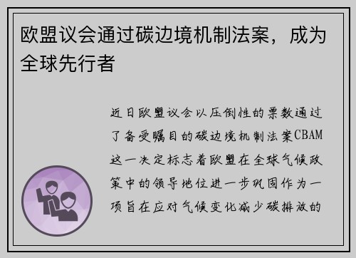 欧盟议会通过碳边境机制法案，成为全球先行者