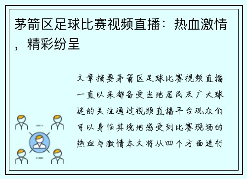 茅箭区足球比赛视频直播：热血激情，精彩纷呈